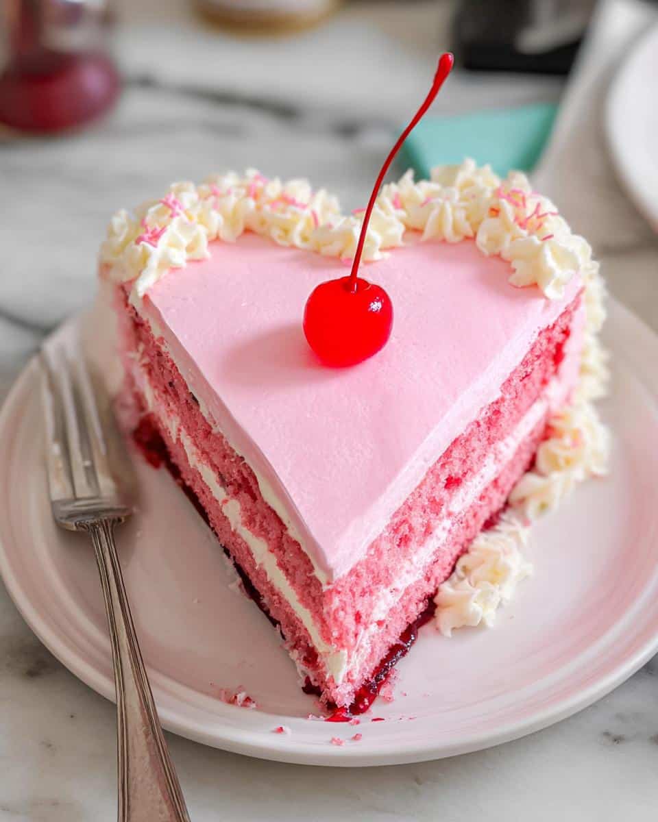 A slice of layered Pink Heart Cake topped with pink frosting, whipped cream, and a maraschino cherry.