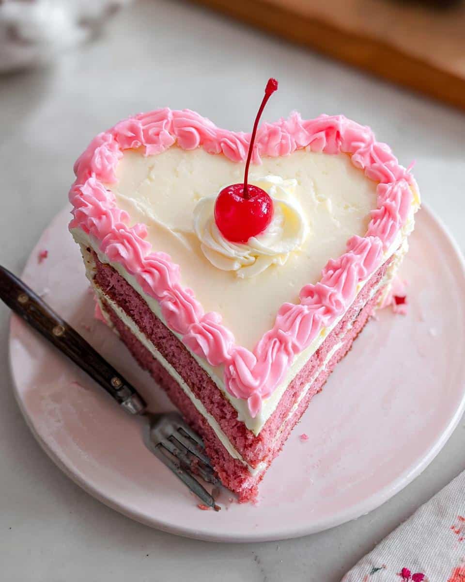 A slice of Pink Heart Cake with pink piped frosting, white filling, and a maraschino cherry on top.