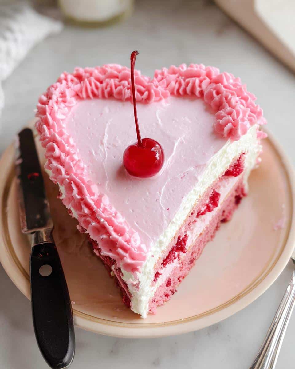 A slice of Pink Heart Cake, layered with pink cake and cream, topped with pink frosting and a maraschino cherry.
