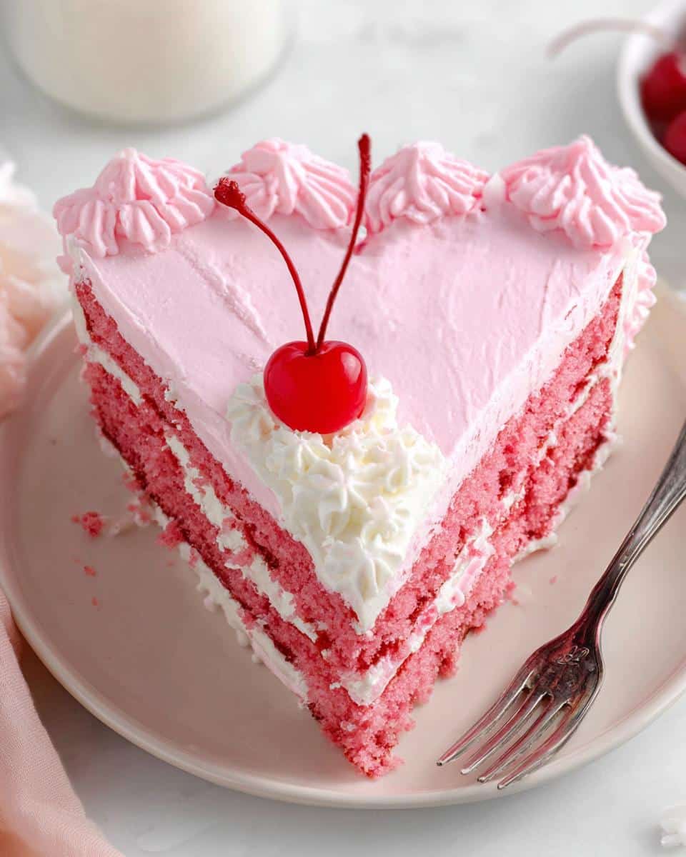 A beautiful slice of Pink Heart Cake showing layers of pink sponge and white frosting, topped with a maraschino cherry.