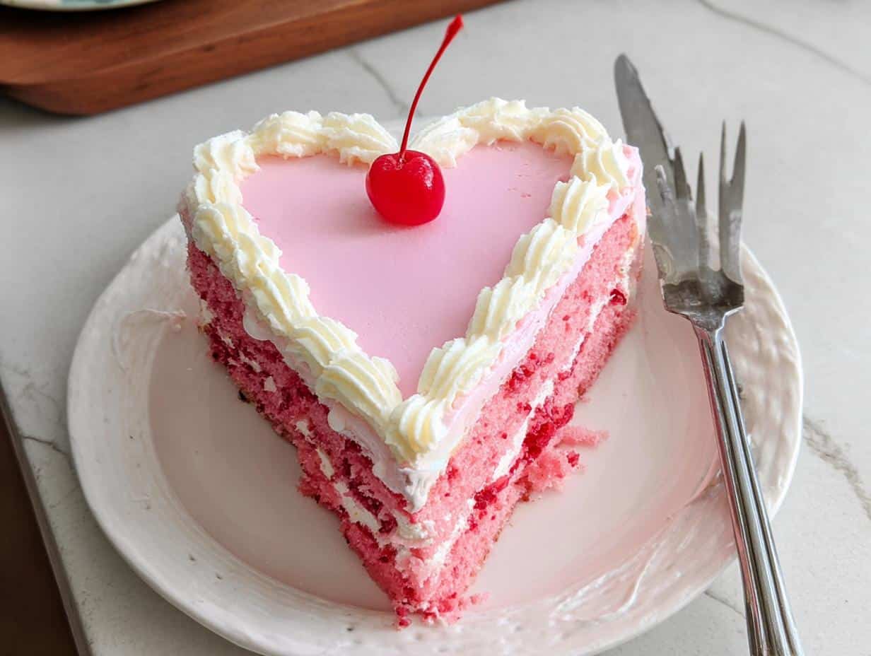 A slice of vibrant Pink Heart Cake, layered with pink sponge and cream, topped with smooth pink icing and a maraschino cherry.
