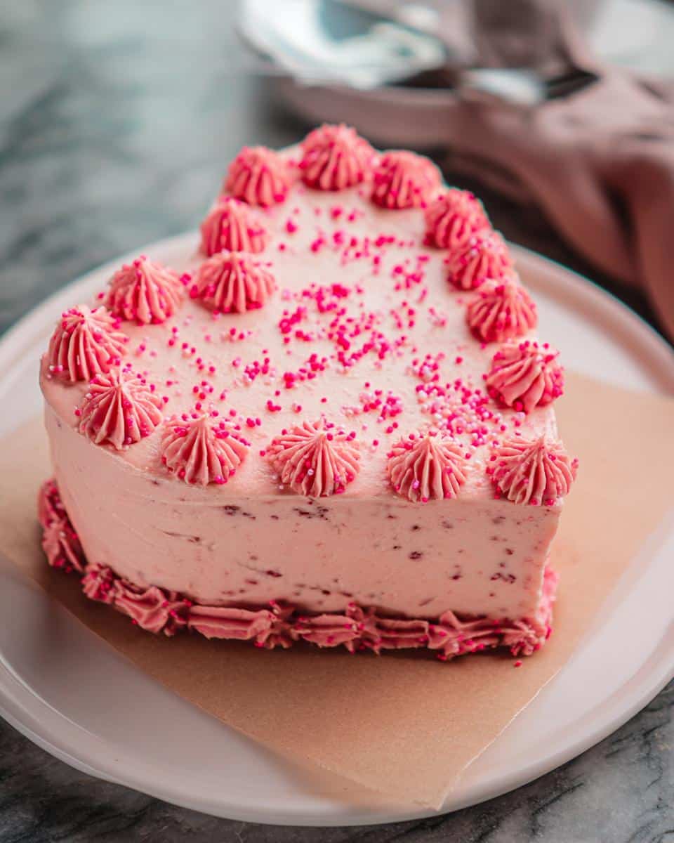 A small, heart-shaped cake frosted in pink, decorated with piped rosettes and pink sprinkles, showcasing beautiful Cake Pop Heart Designs.