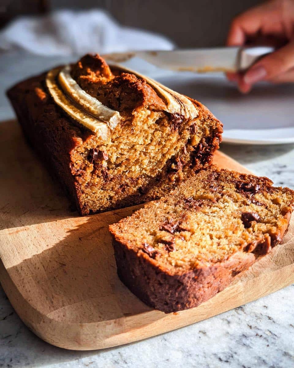 A freshly baked Plant-Based Banana Bread Loaf, sliced to show chocolate chips and topped with banana slices.