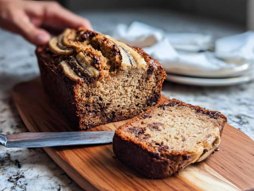 A freshly baked Plant-Based Banana Bread Loaf, partially sliced on a wooden board, with a hand reaching for it.
