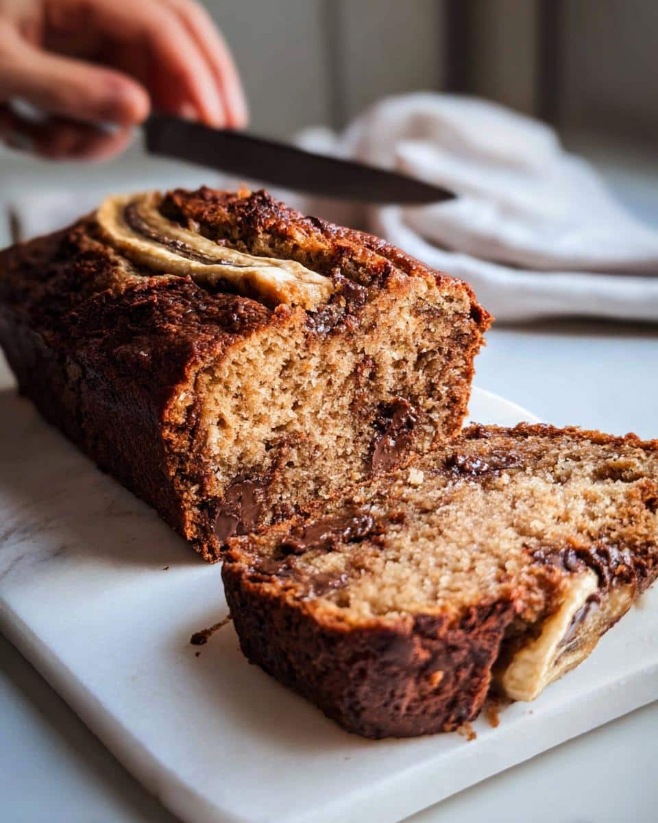 A person slicing a moist Plant-Based Banana Bread Loaf studded with melted chocolate chunks on a marble board.