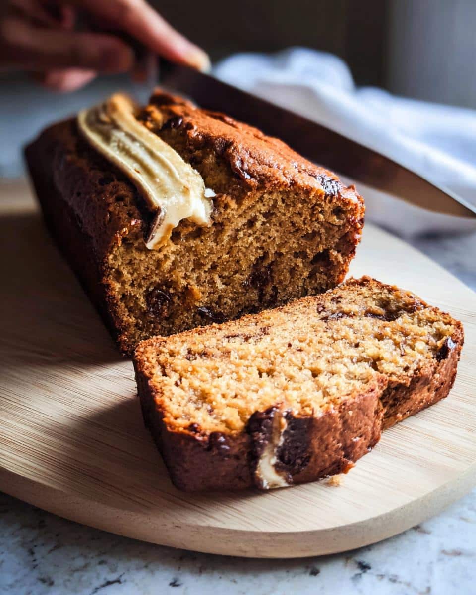 A hand slicing a freshly baked Plant-Based Banana Bread Loaf on a wooden cutting board.