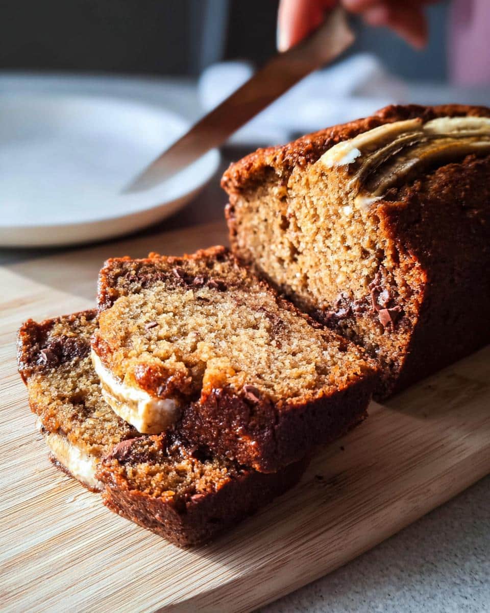 A hand slicing a moist Plant-Based Banana Bread Loaf topped with banana slices and chocolate chips on a wooden board.