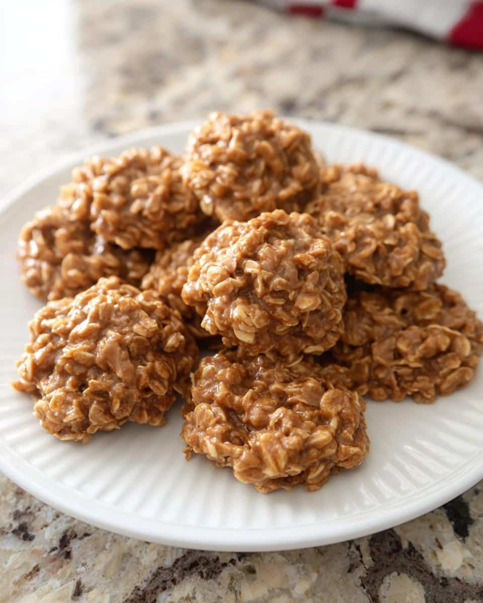A pile of freshly made Peanut Butter No-Bake Cookies studded with oats, served on a white, fluted plate.