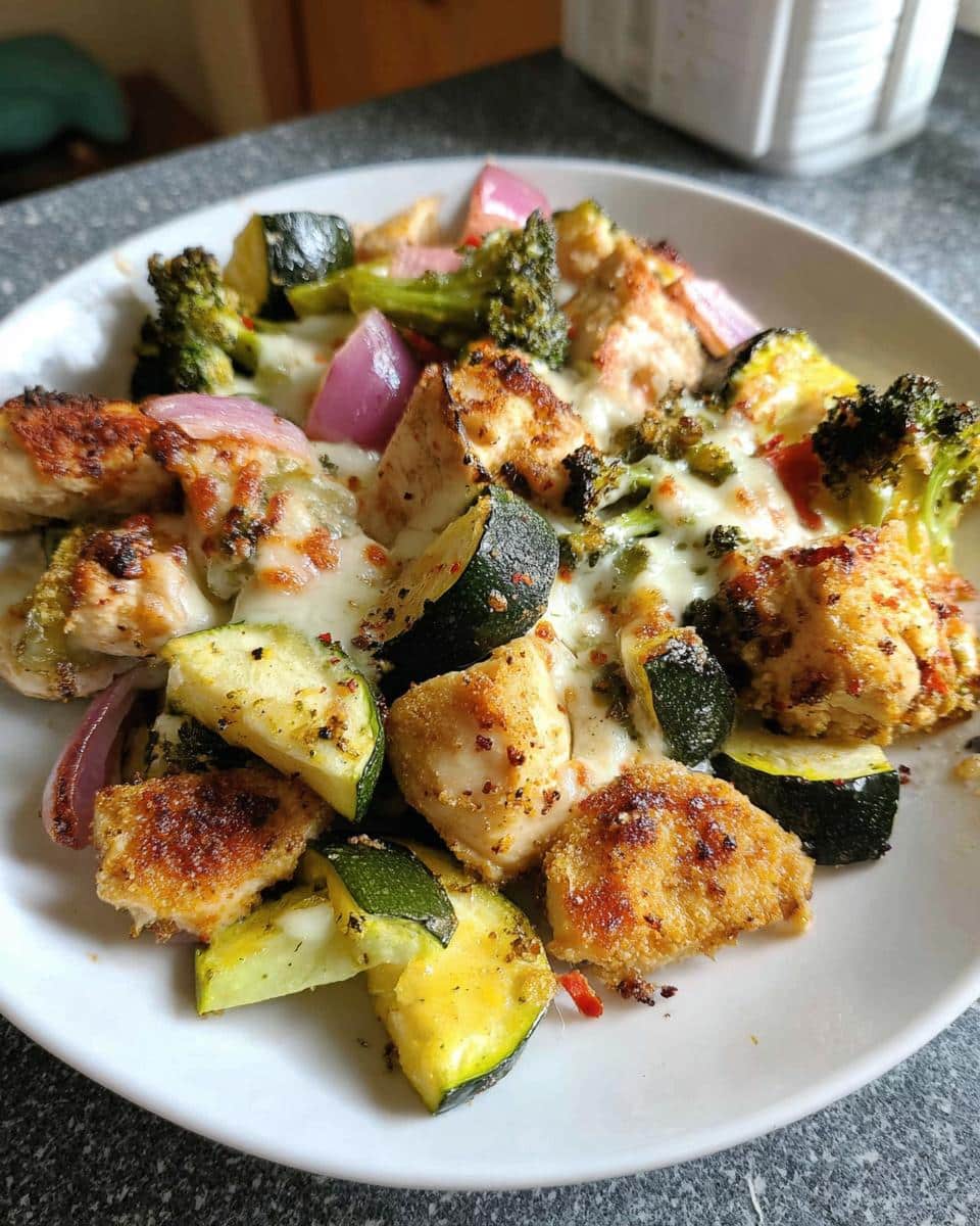 Close-up of a serving of Sheet Pan Chicken and Veggies (Low Carb) featuring browned chicken, zucchini, broccoli, and melted cheese on a white plate.
