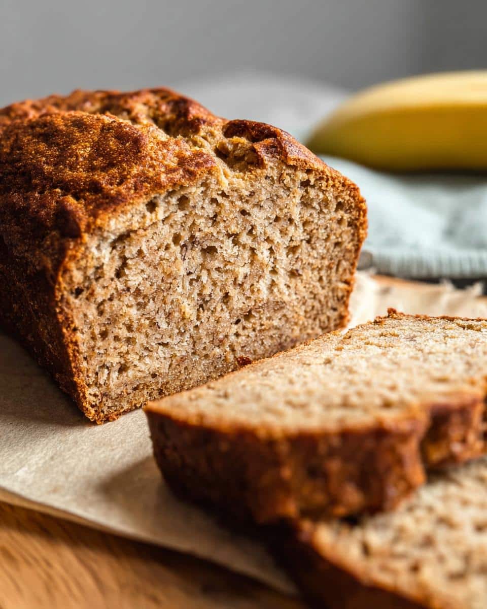 Close-up of a loaf of Protein Banana Bread, partially sliced, showing its moist texture.