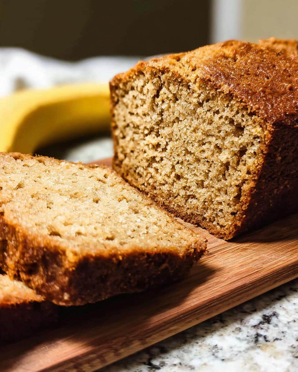 Close-up of a loaf of moist Protein Banana Bread, with two slices cut and resting on a wooden board next to a whole banana.