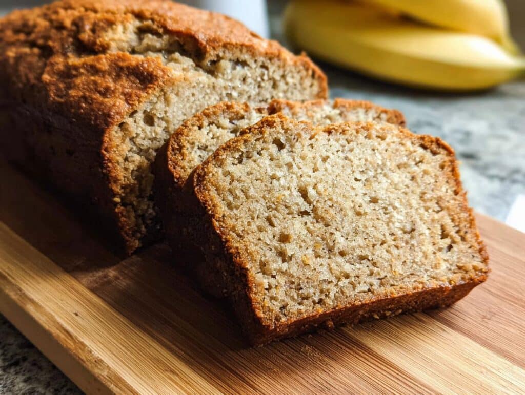 A loaf of freshly baked Protein Banana Bread, partially sliced, resting on a wooden board with bananas in the background.