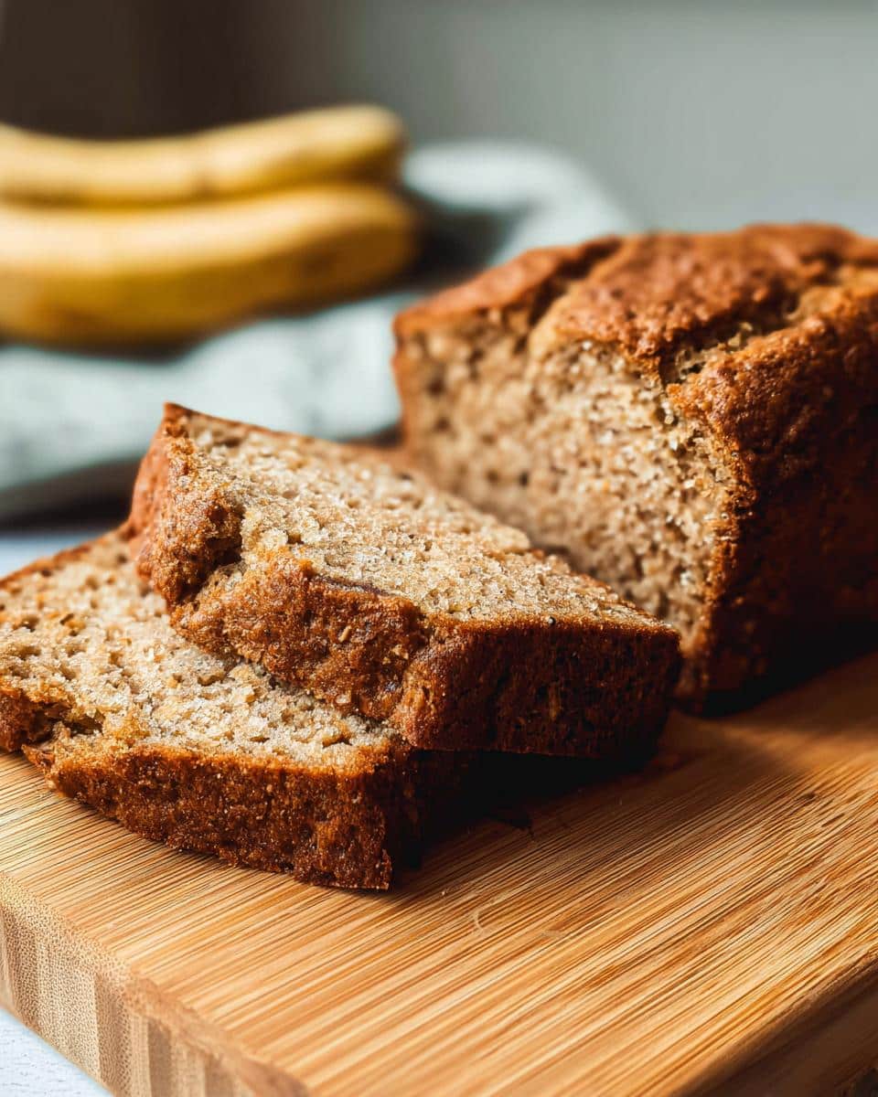 Two slices of moist Protein Banana Bread resting against the main loaf on a wooden cutting board, with whole bananas blurred in the background.