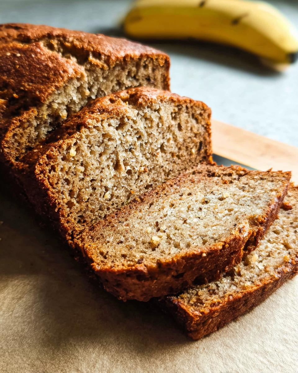 Close-up of sliced Protein Banana Bread showing moist, textured crumb, with a whole banana blurred in the background.