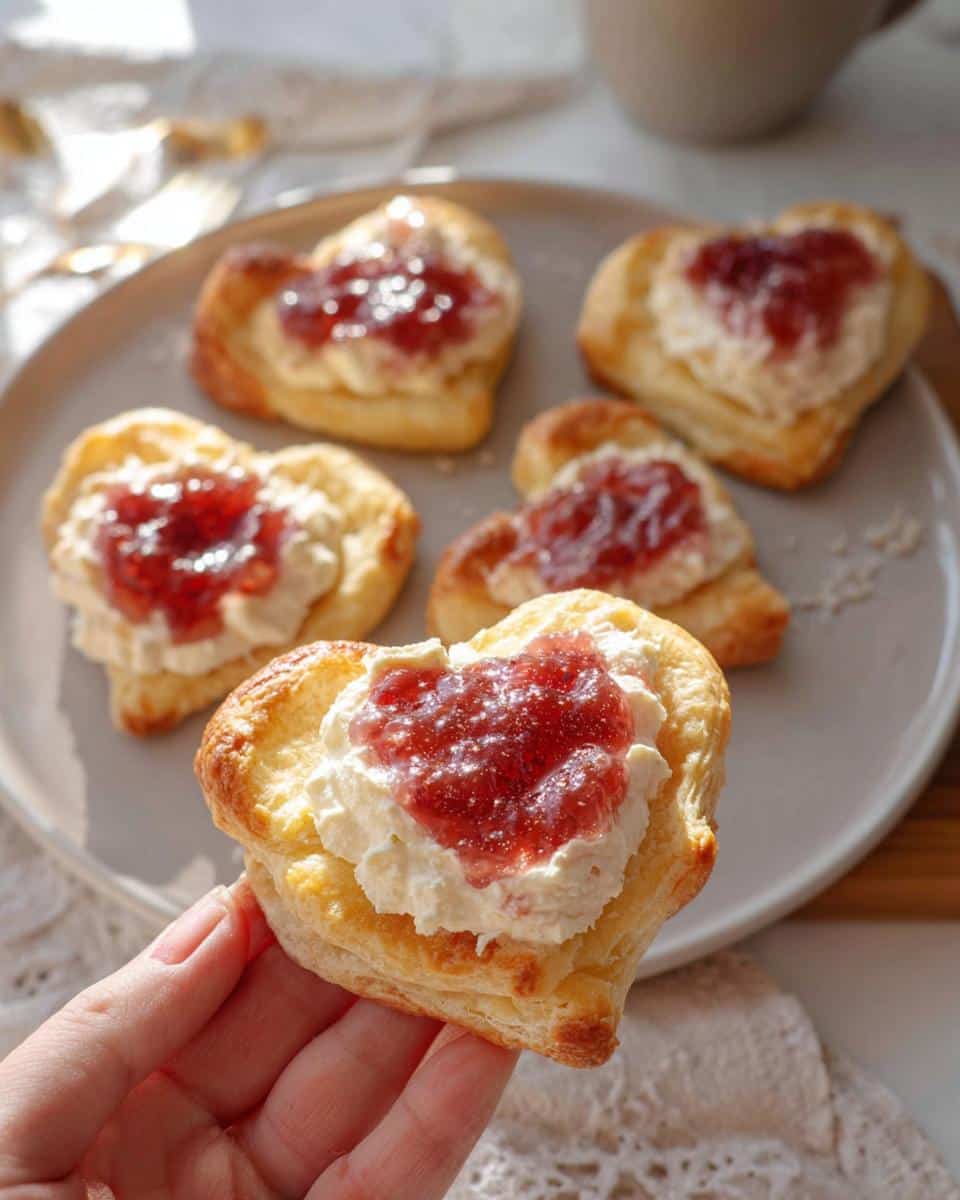 A hand holds one of the golden, heart-shaped Puff Pastry Cheese Hearts topped with cream and strawberry jam.