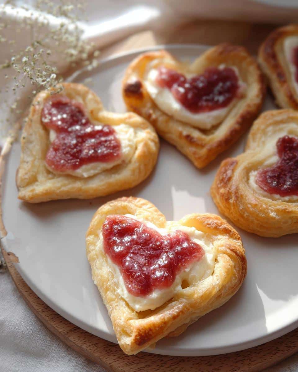 Close-up of freshly baked Puff Pastry Cheese Hearts topped with cream cheese and strawberry jam.