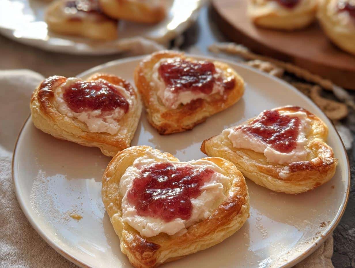 Four golden, heart-shaped Puff Pastry Cheese Hearts topped with cream cheese and strawberry jam on a white plate.