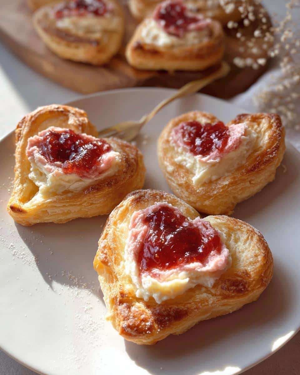 Three golden-brown Puff Pastry Cheese Hearts topped with cream cheese and bright red jam, served on a white plate.