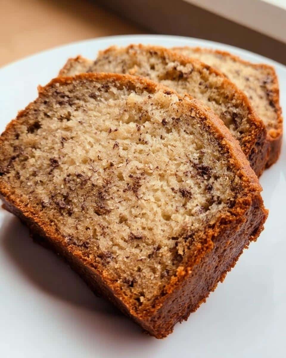 Three moist slices of Quick Banana Bread for Beginners with visible chocolate chips on a white plate.