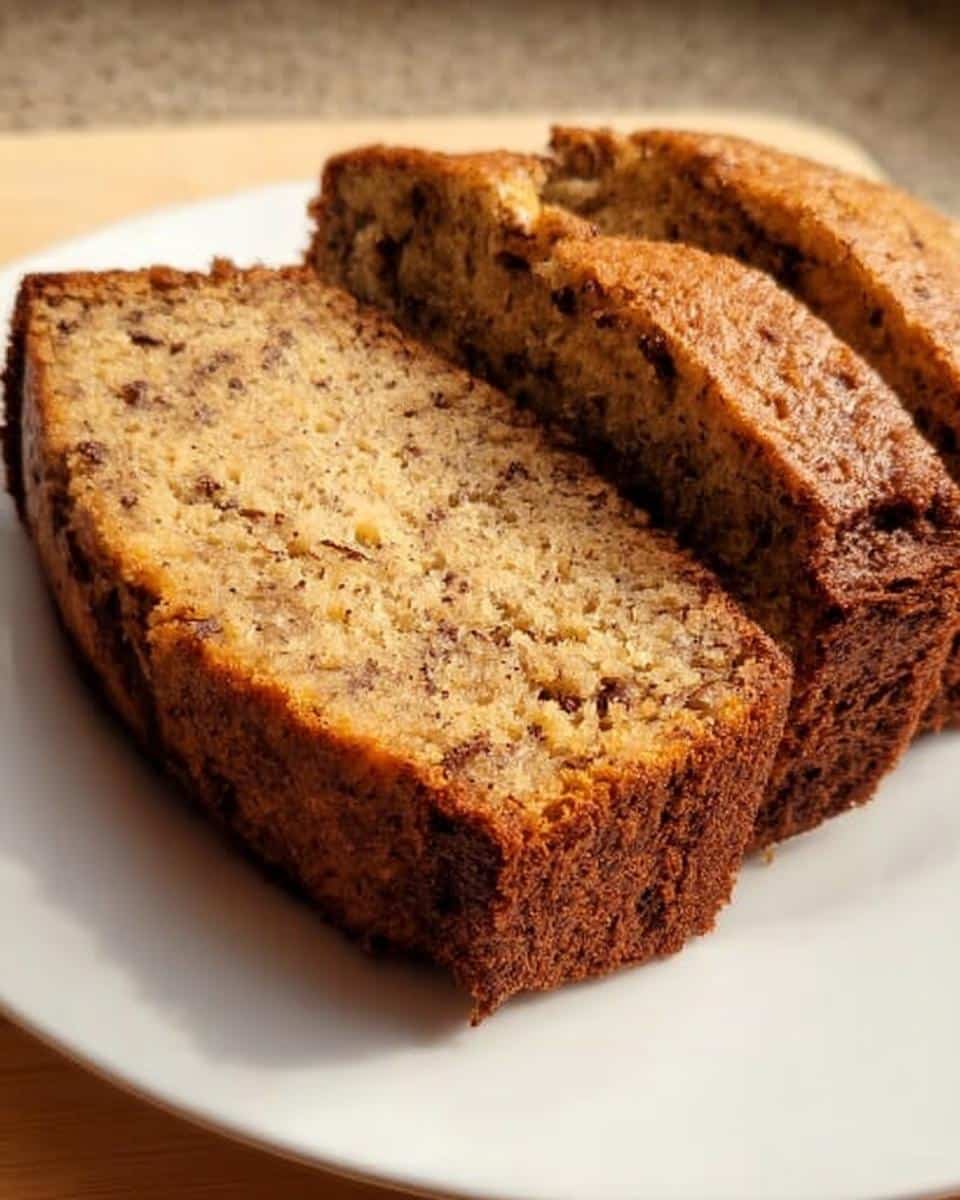 Three thick slices of moist Quick Banana Bread for Beginners, showing chocolate chips, served on a white plate.