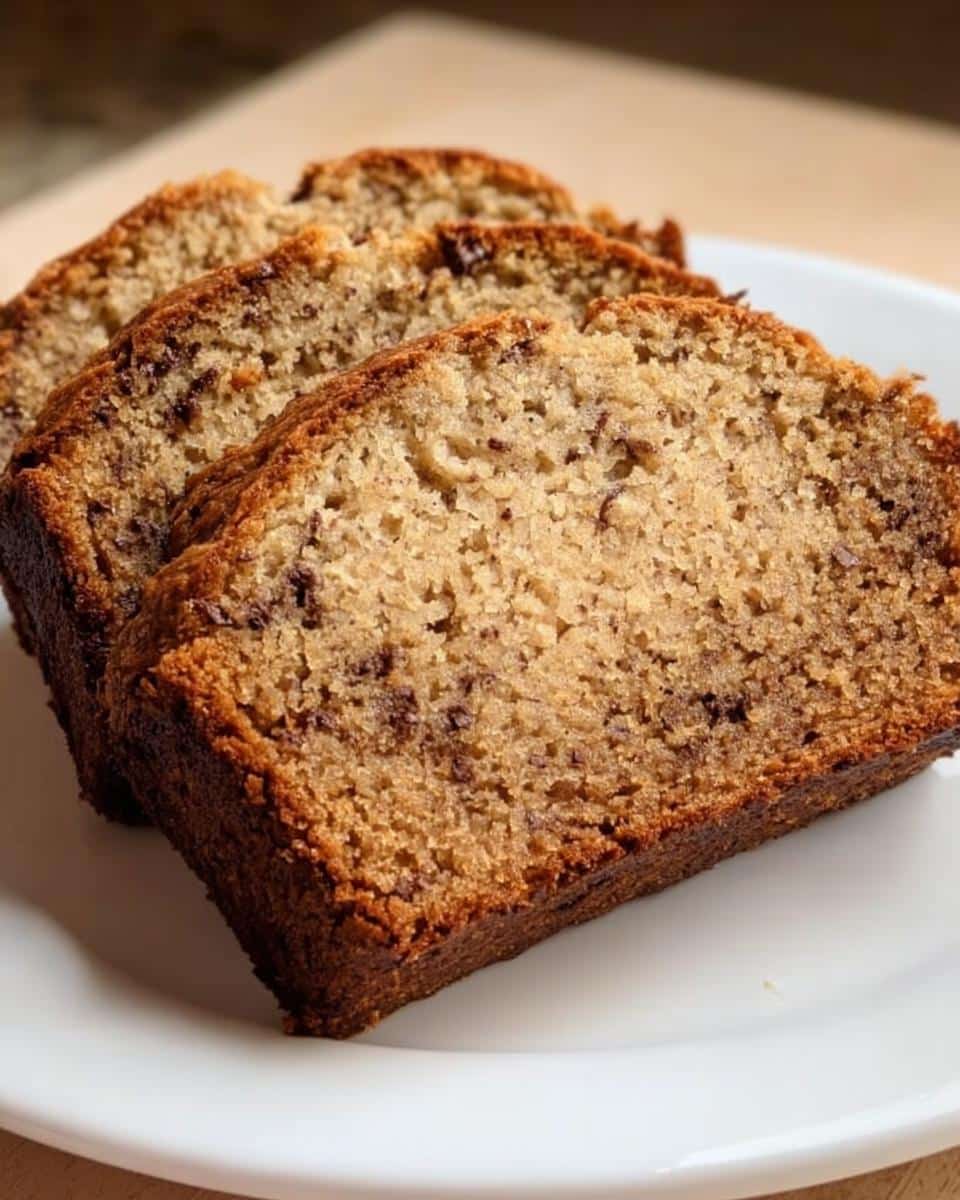 Three moist slices of Quick Banana Bread for Beginners, featuring visible chocolate chips, served on a white plate.