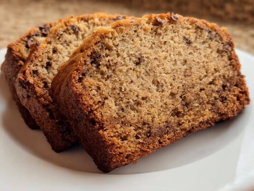 Three moist slices of Quick Banana Bread with visible chocolate chips, served on a white plate.