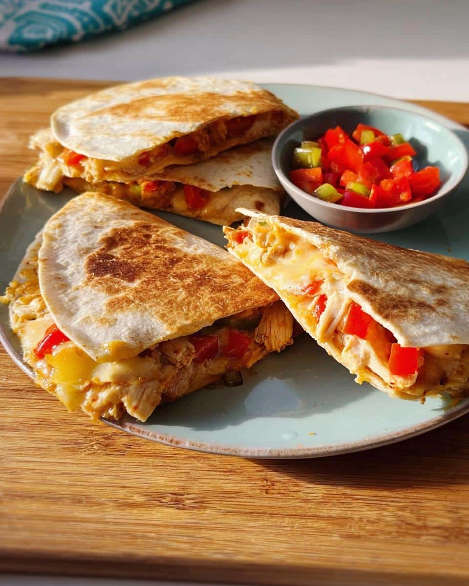 Four wedges of Quick Cheesy Chicken Quesadillas showing melted cheese, chicken, and peppers, served with a side of diced tomatoes.