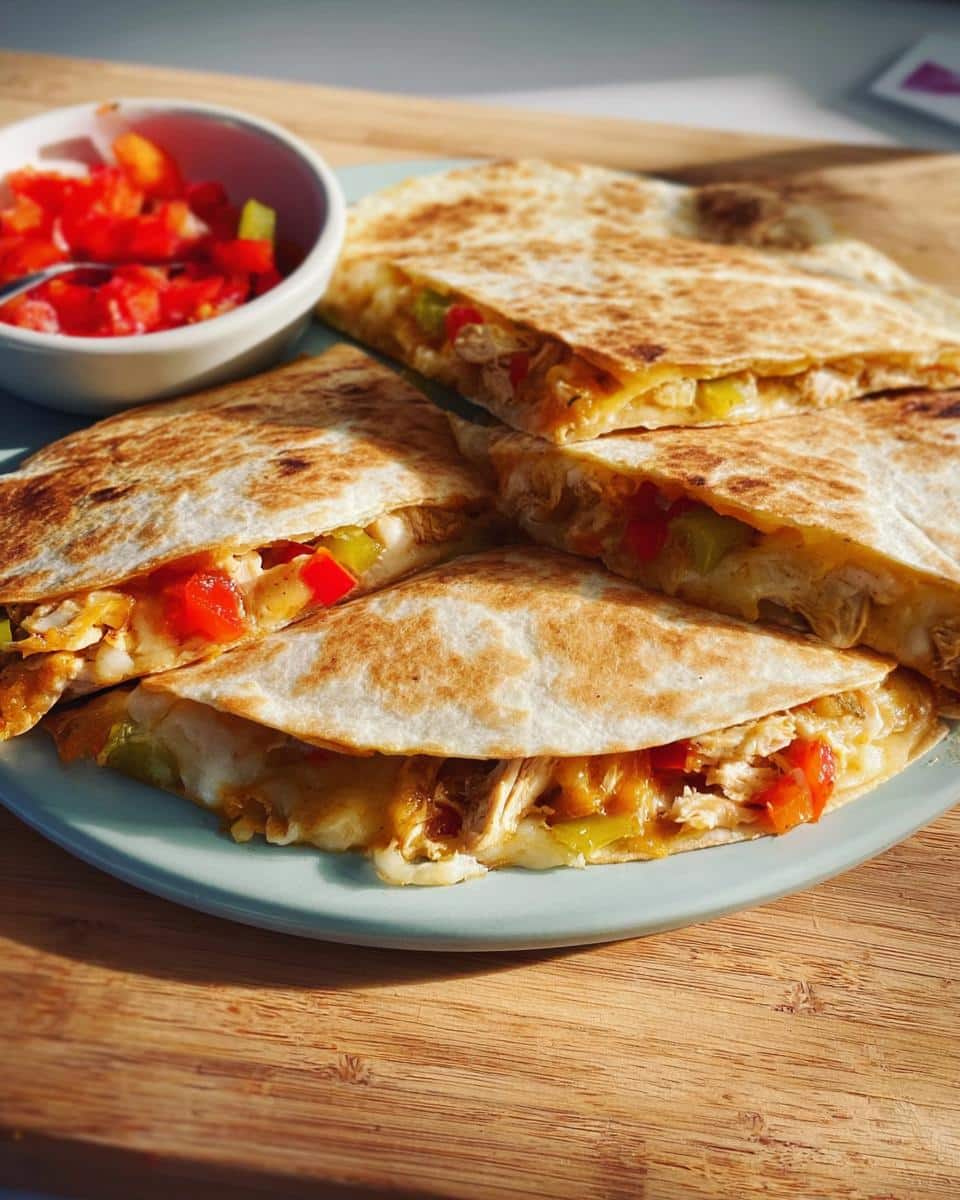 Four golden-brown slices of Quick Cheesy Chicken Quesadillas filled with melted cheese and peppers on a plate.