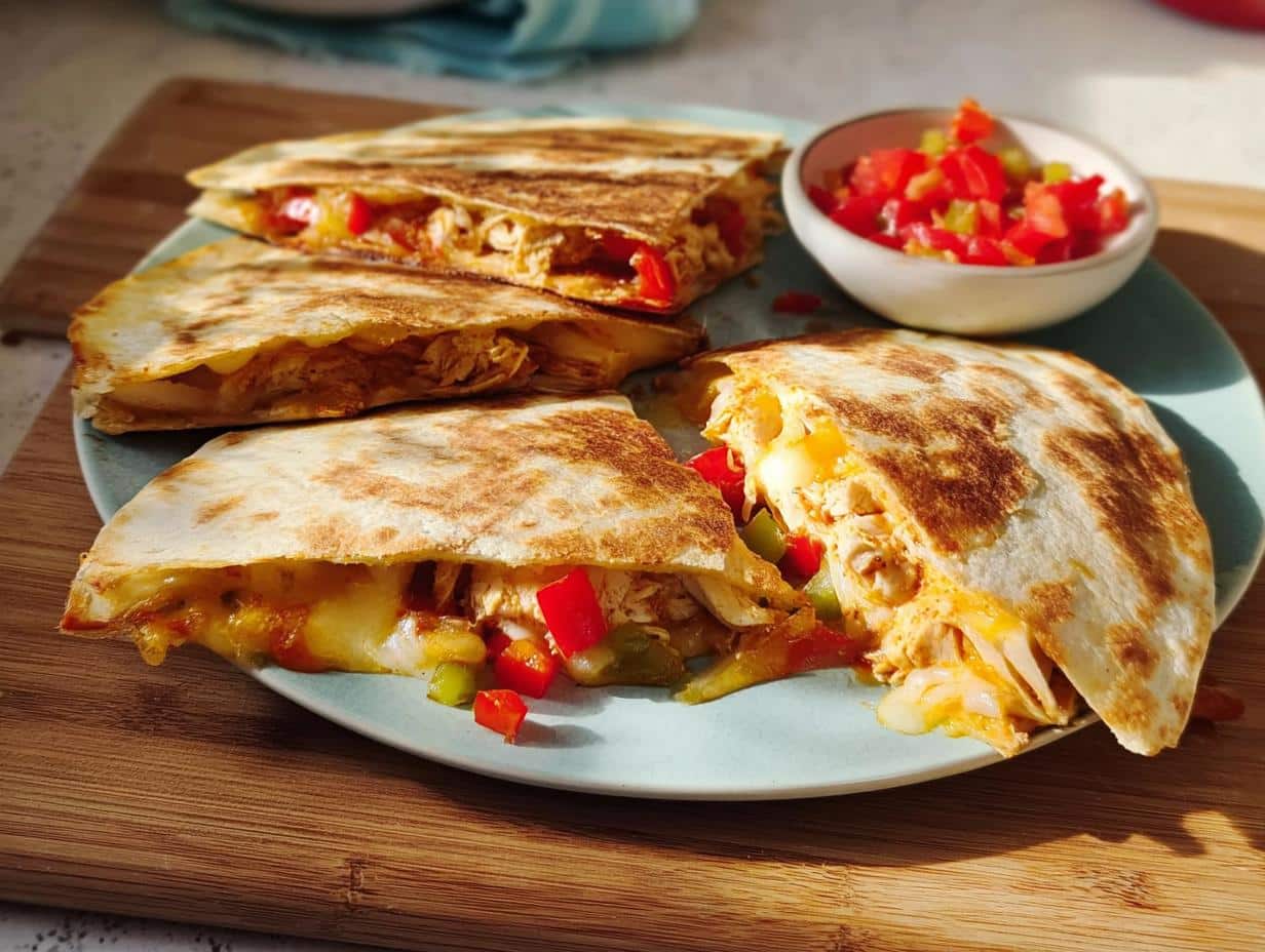 Four wedges of golden brown Quick Cheesy Chicken Quesadillas filled with melted cheese and peppers on a light blue plate.