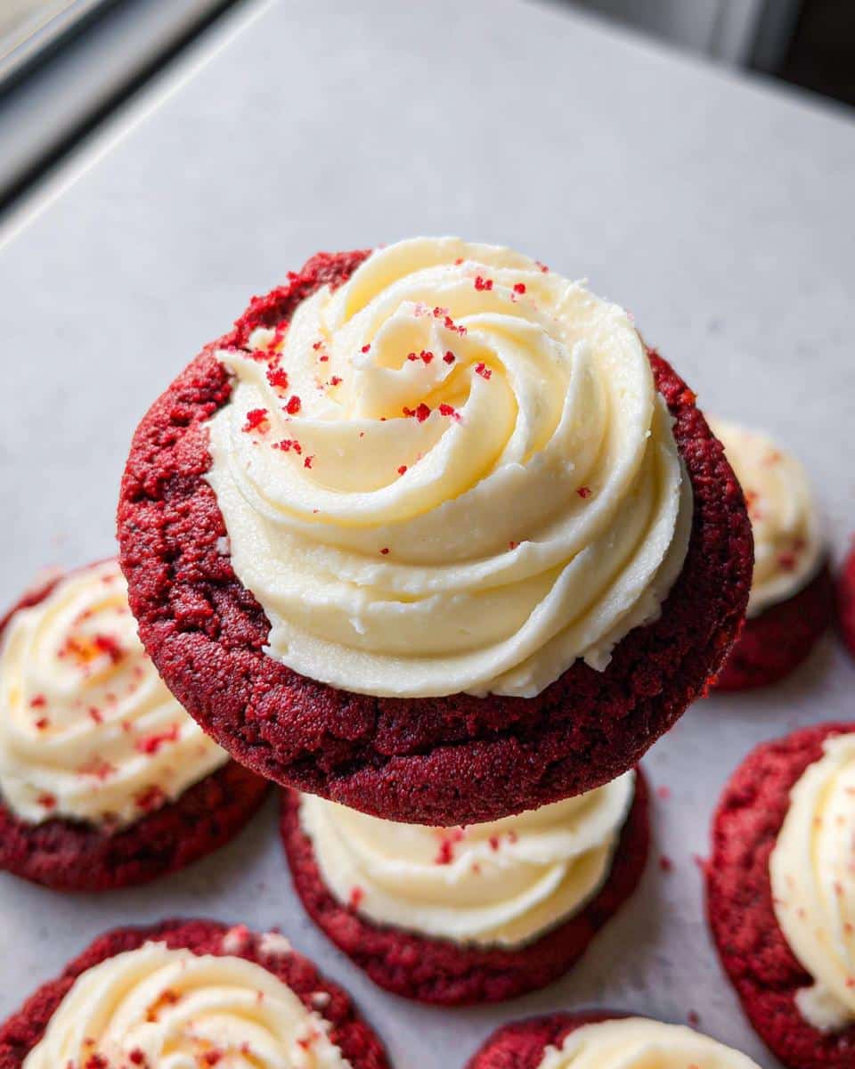 A close-up shot featuring one Red Velvet Cupcake Cookie held above others, topped with thick cream cheese frosting and red sprinkles.