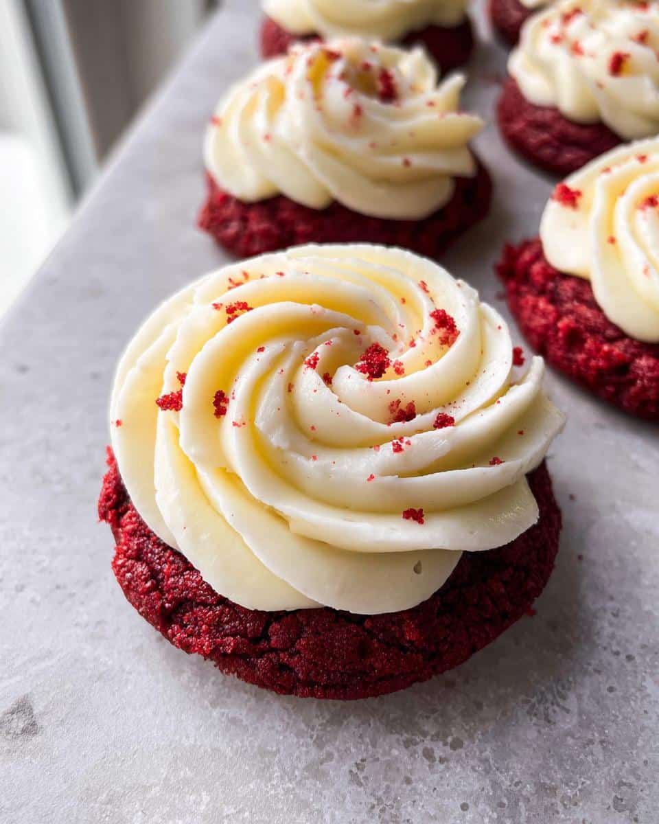 A close-up of a single Red Velvet Cupcake Cookie topped with a swirl of cream cheese frosting and red sprinkles.