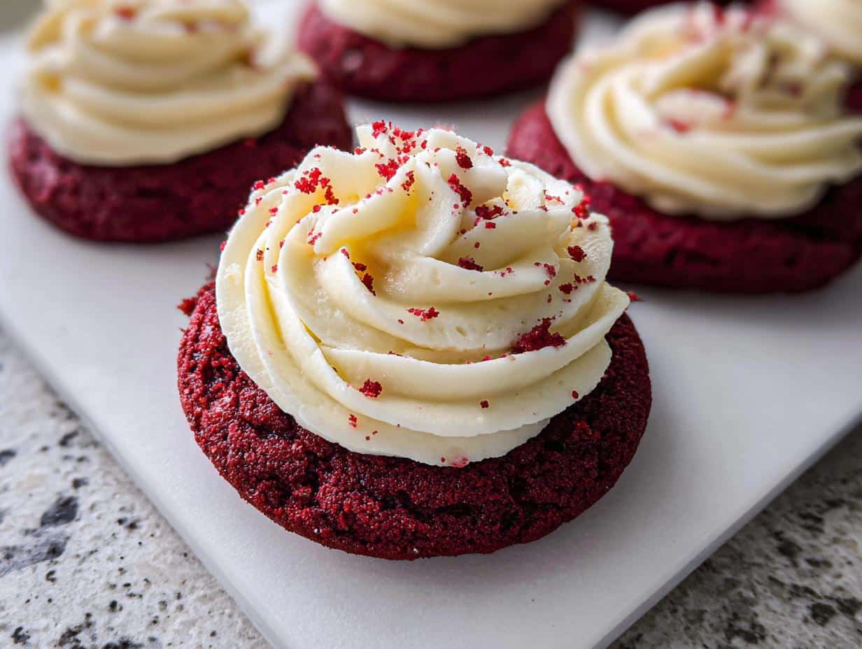 A close-up of a vibrant Red Velvet Cupcake Cookie topped with swirl of cream cheese frosting and red sprinkles.