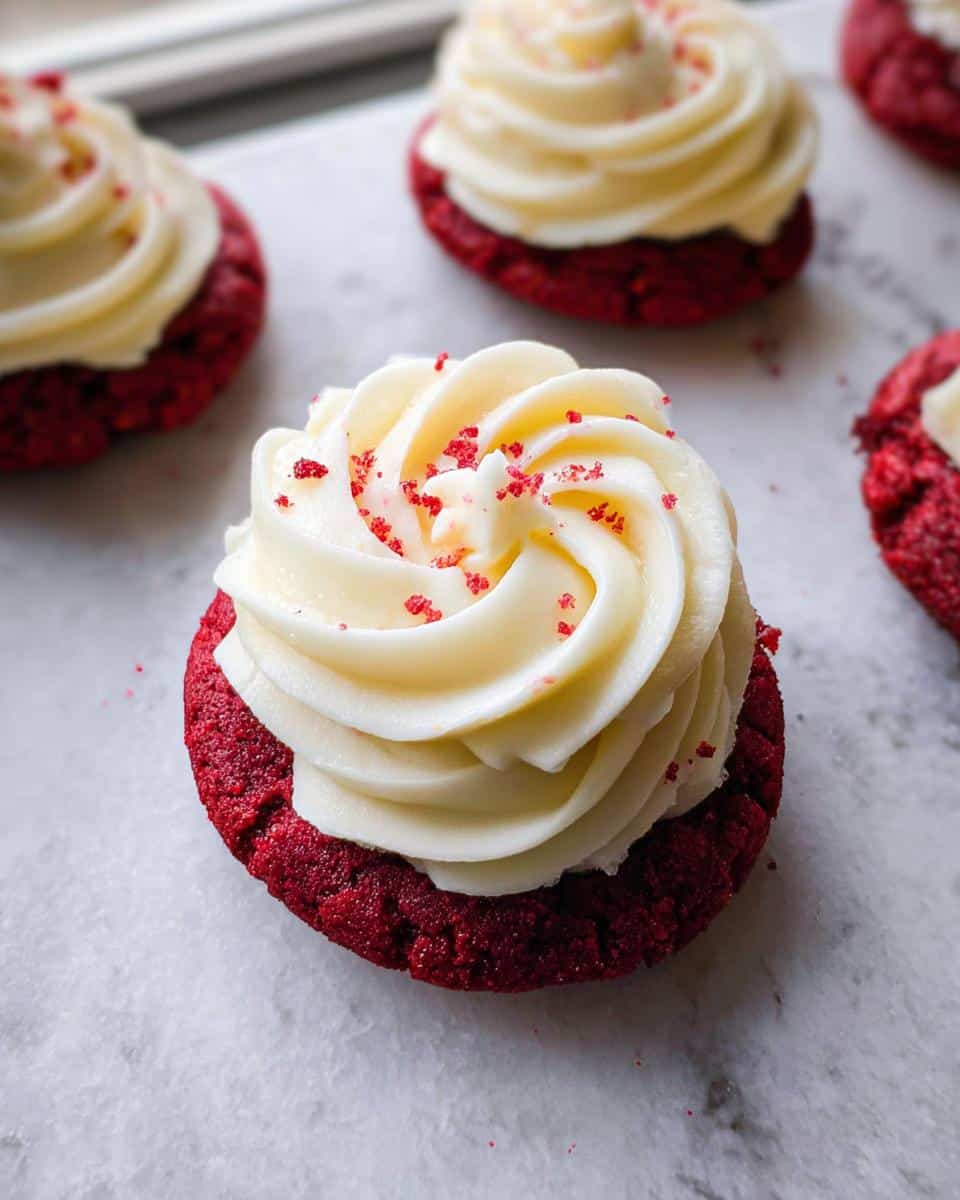 A close-up of a single Red Velvet Cupcake Cookie topped with a swirl of cream cheese frosting and red sprinkles.