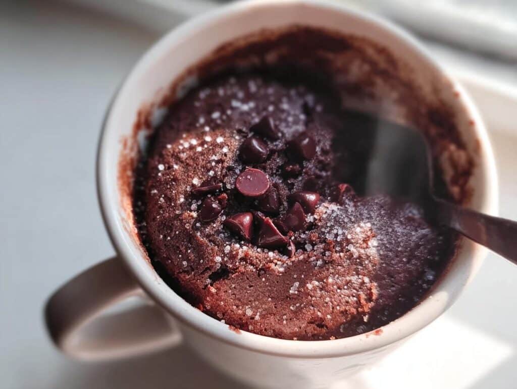 Close-up of a rich Chocolate Mug Cake (5 Minutes) topped with chocolate chips and coarse sugar, ready to be eaten with a spoon.