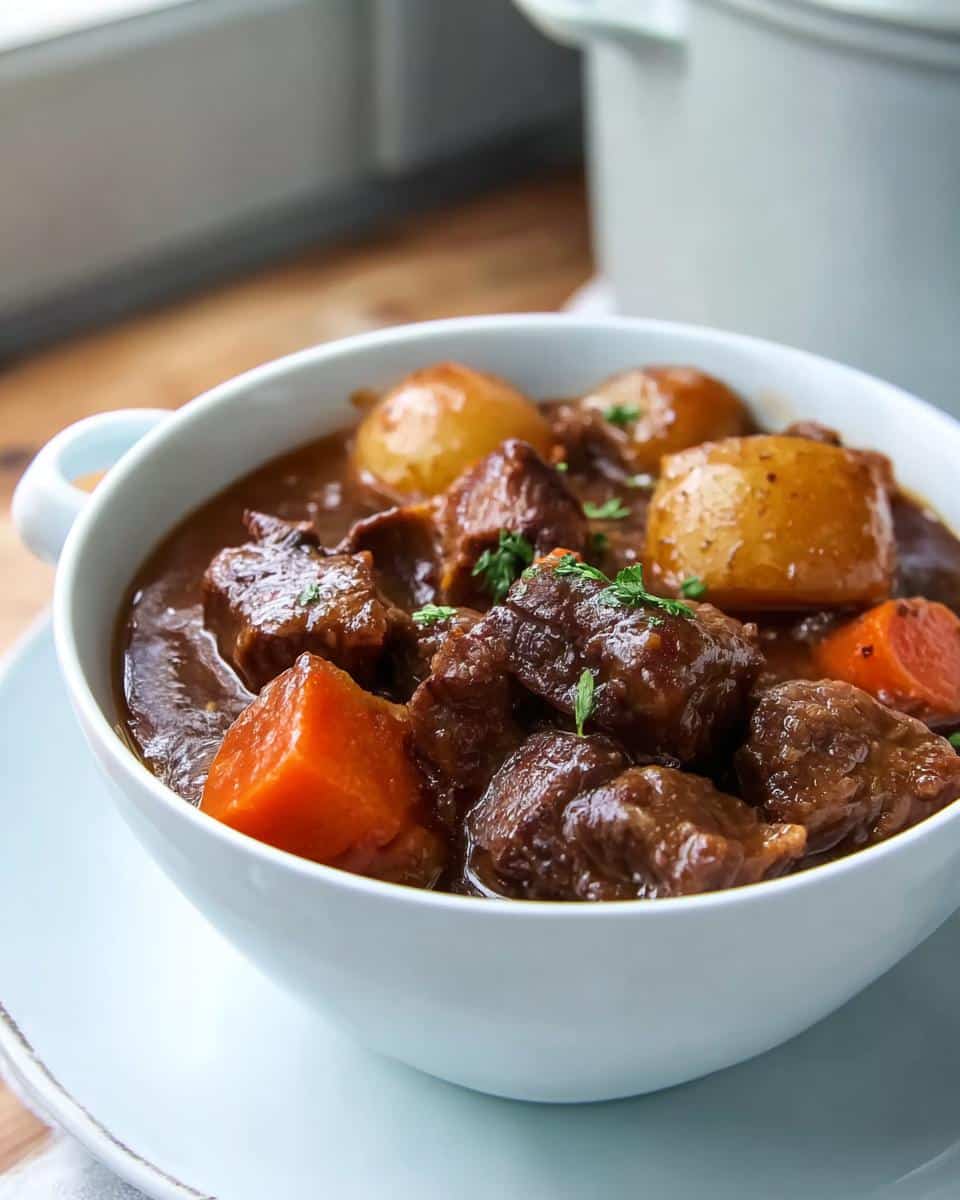 Close-up of a white bowl filled with rich, dark Slow Cooker Stew featuring tender beef chunks, carrots, and whole small potatoes.