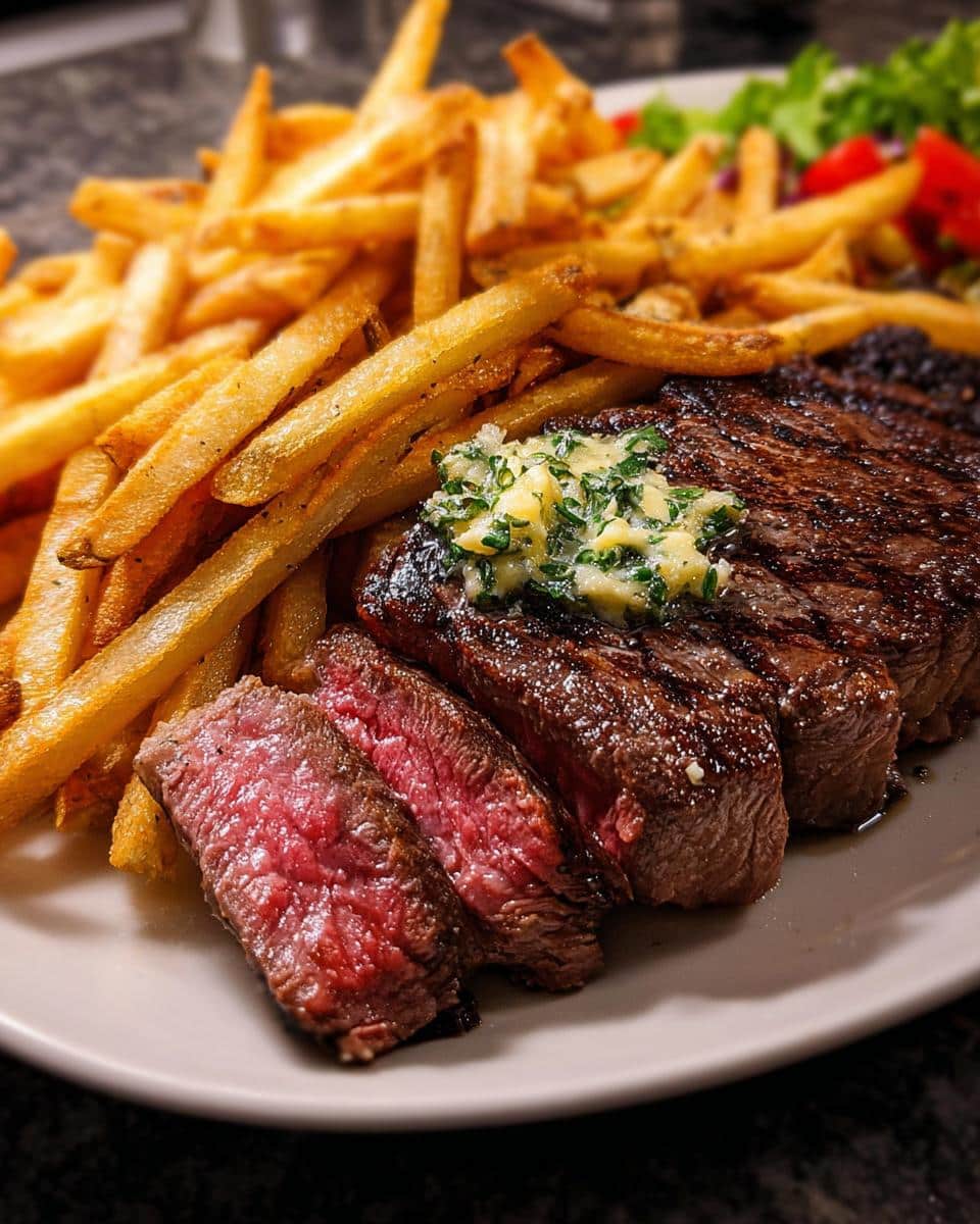 Close-up of a perfectly cooked, sliced steak with compound butter, served with french fries for a Romantic Steak Dinner for Two.