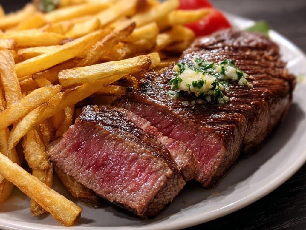 Close-up of a medium-rare steak, sliced and topped with herb butter, served with golden french fries for a Romantic Steak Dinner for Two.