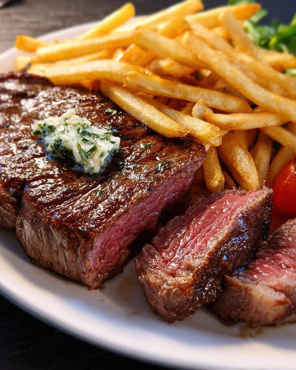 Close-up of a medium-rare steak, sliced and topped with herb butter, served with french fries for a Romantic Steak Dinner for Two.