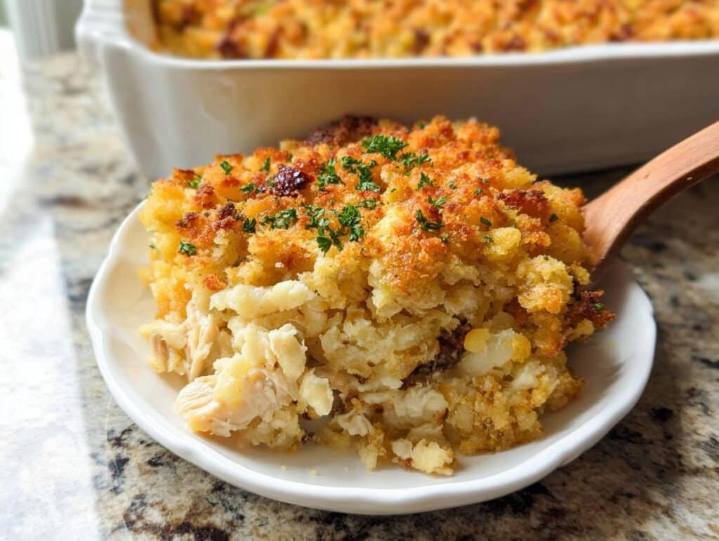 A scoop of golden brown Rotisserie Chicken Stuffing Bake being lifted onto a small white plate with a wooden spoon.