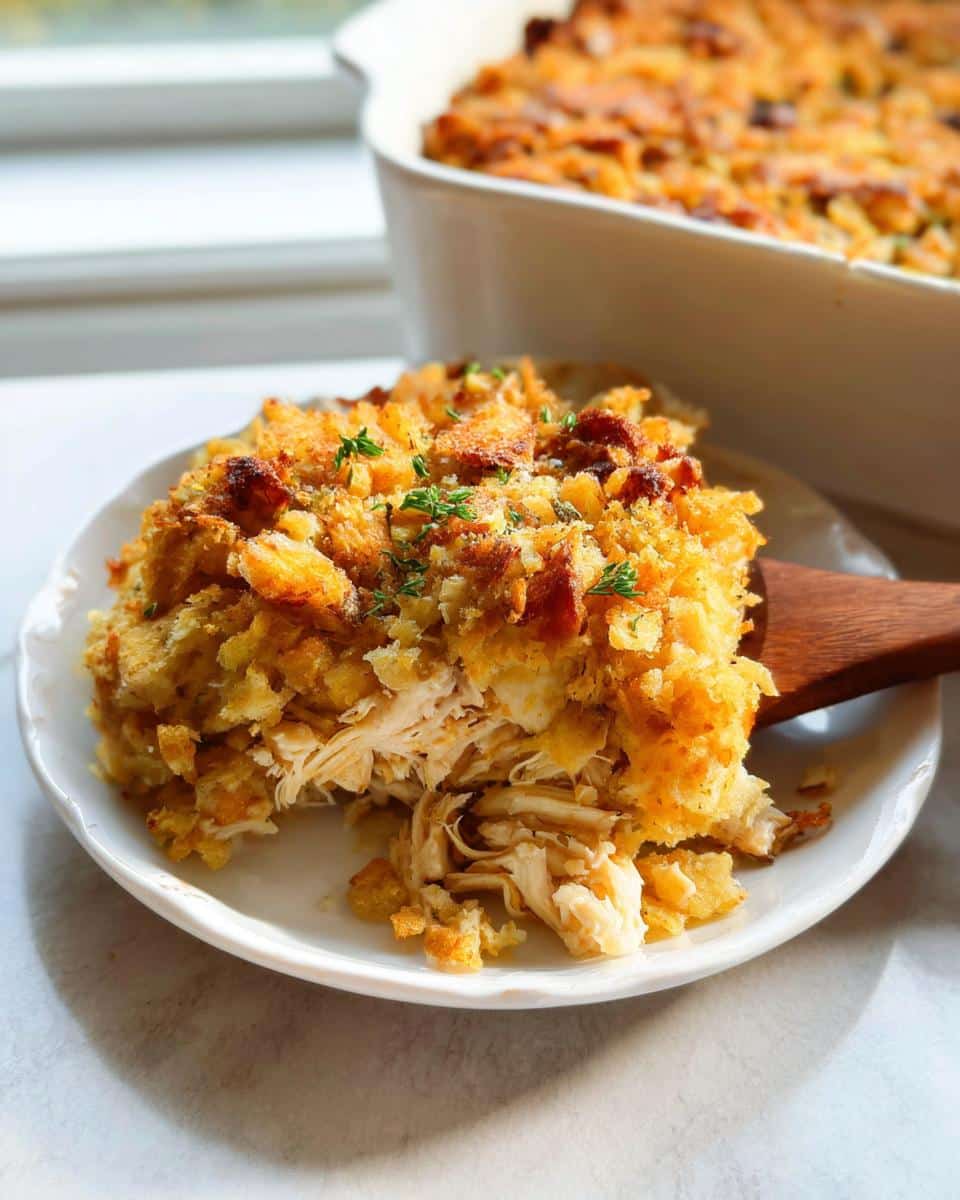 A serving of golden brown Rotisserie Chicken Stuffing Bake being lifted onto a white plate, showing shredded chicken inside.