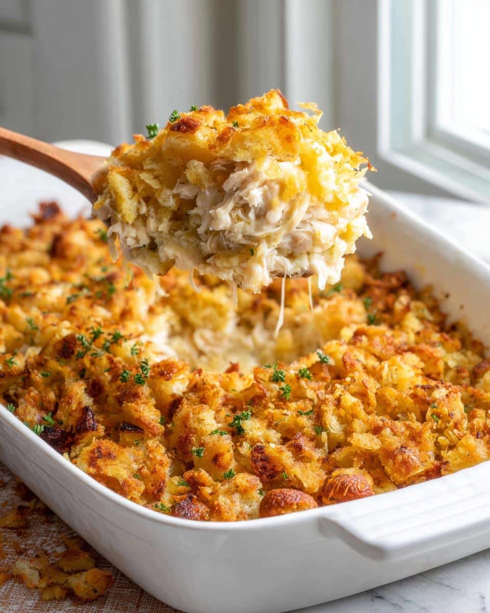 A wooden spoon lifts a serving of creamy Rotisserie Chicken Stuffing Bake with a crispy golden topping.