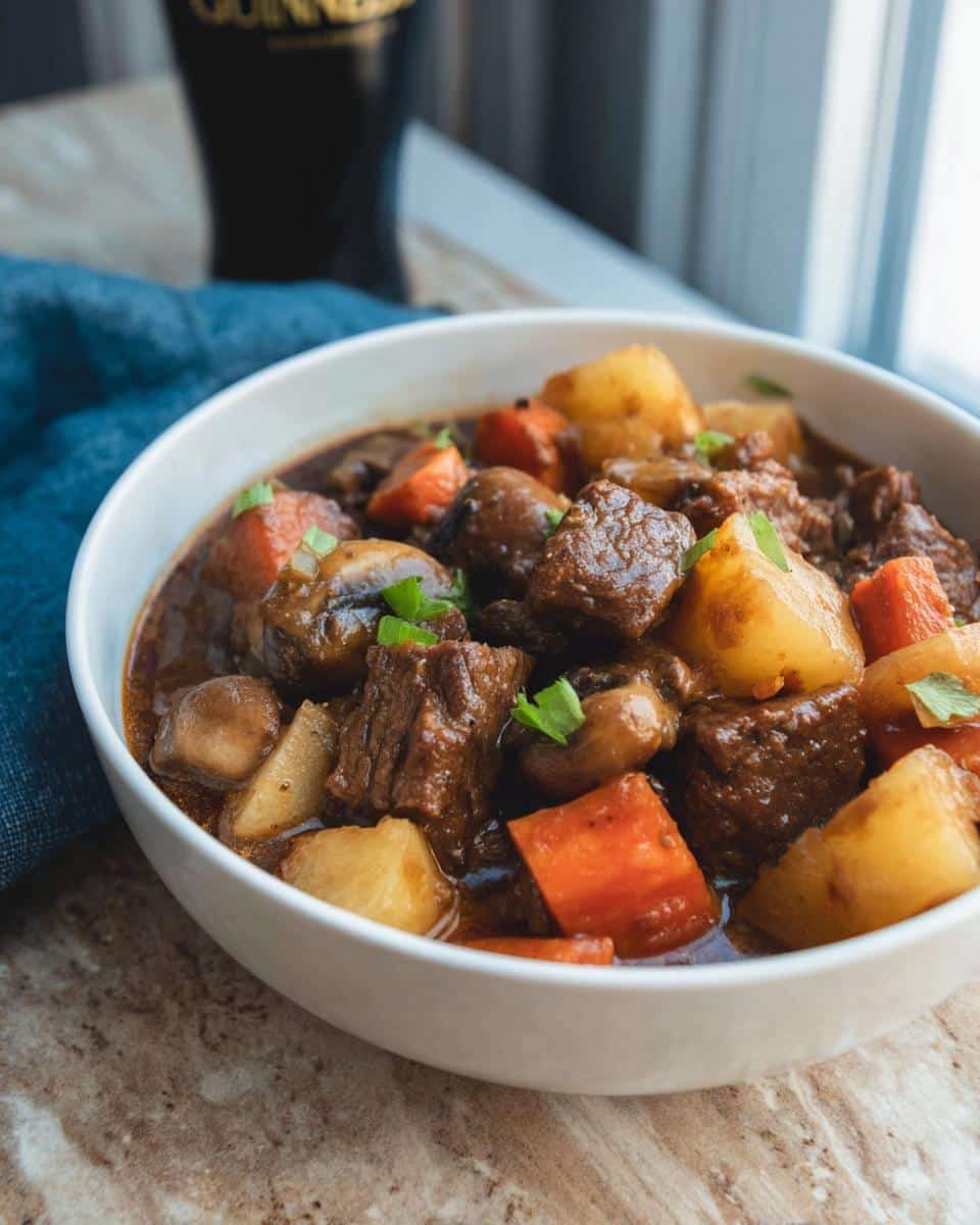 Close-up of a white bowl filled with rich, dark Rustic Beef Stew featuring chunks of beef, potatoes, carrots, and mushrooms.