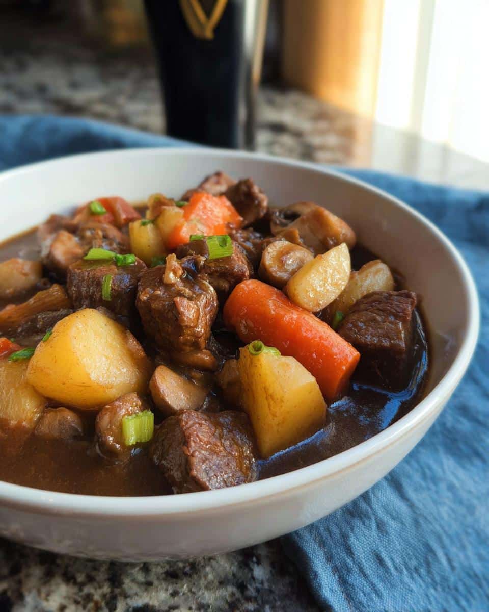 Close-up of a white bowl filled with rich Rustic Beef Stew featuring chunks of beef, potatoes, carrots, and mushrooms.