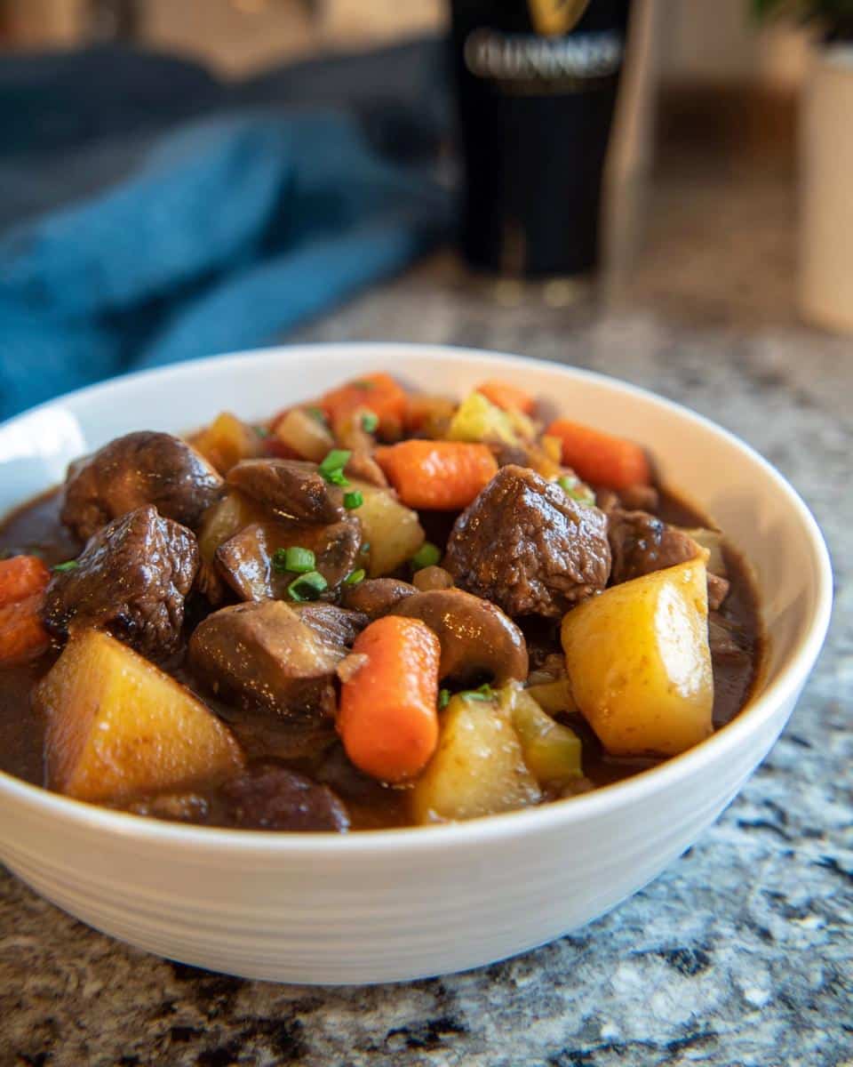 Close-up of a white bowl filled with rich Rustic Beef Stew featuring chunks of beef, potatoes, carrots, and mushrooms.