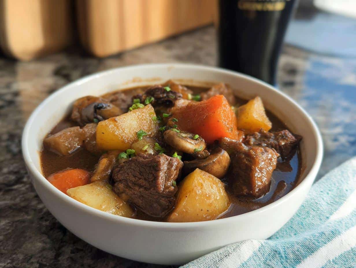 A close-up of a white bowl filled with rich Rustic Beef Stew featuring chunks of beef, potatoes, carrots, and mushrooms.