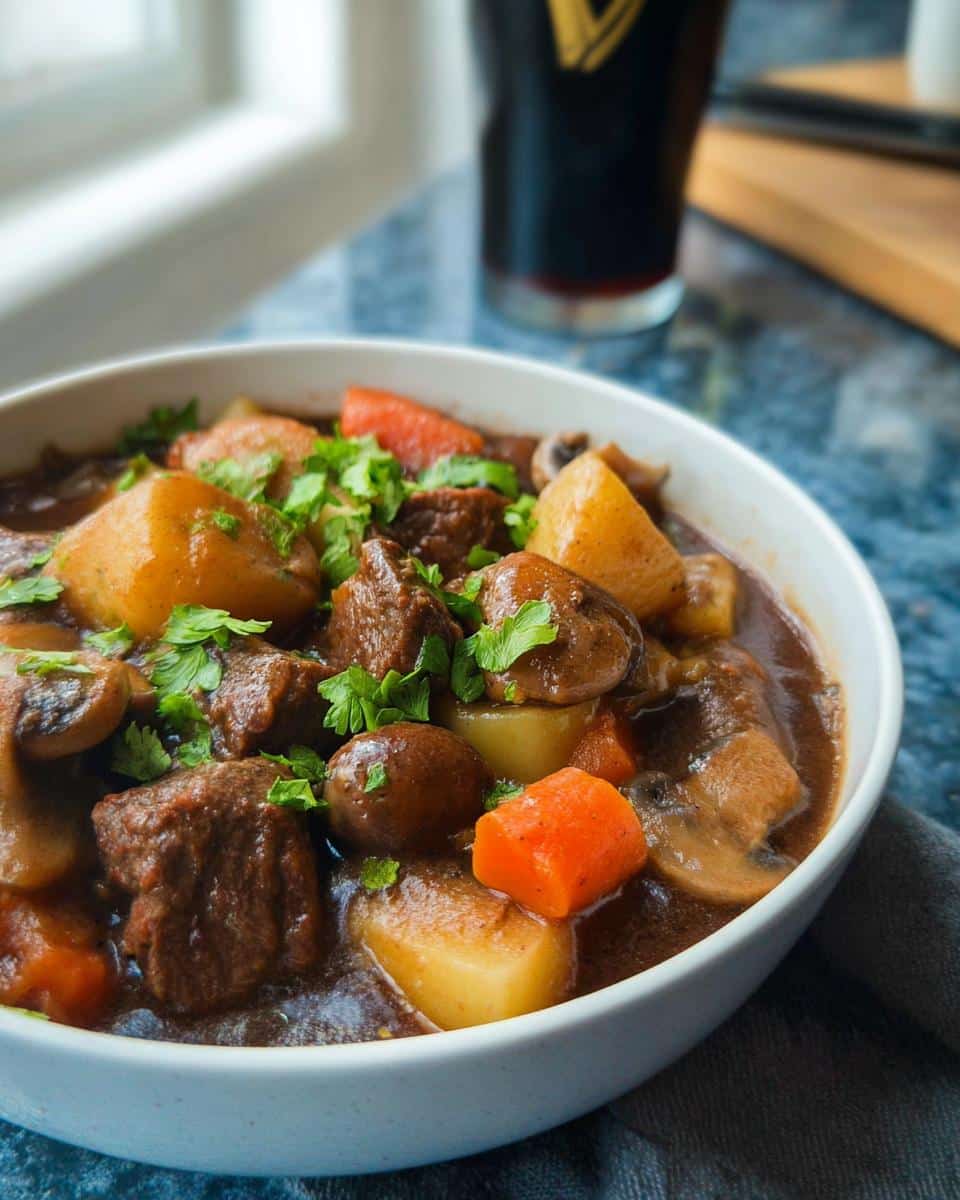 Close-up of a white bowl filled with Rustic Beef Stew featuring chunks of beef, potatoes, carrots, and mushrooms, garnished with parsley.