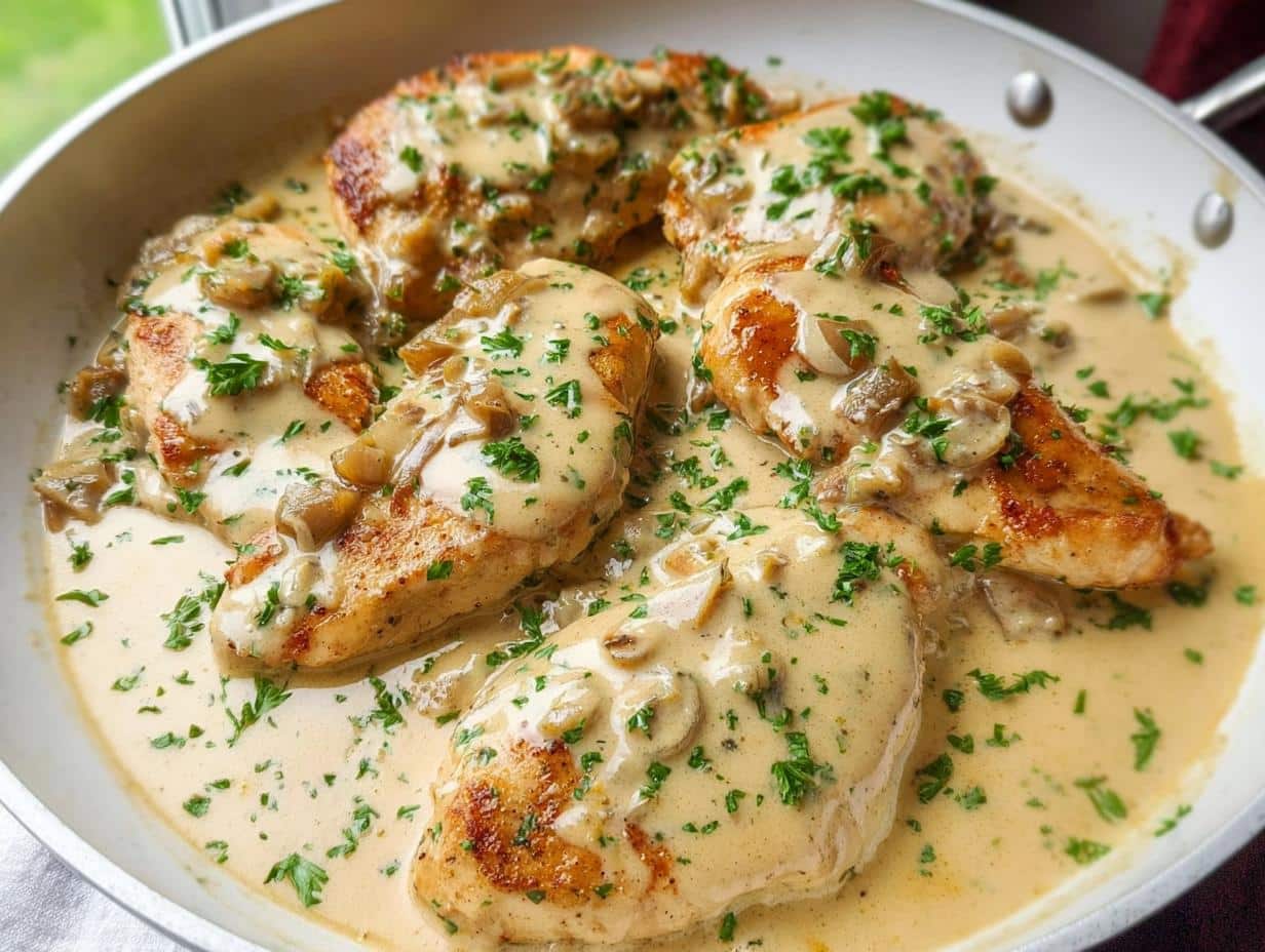 Four golden-brown chicken breasts smothered in a thick, creamy garlic mushroom pan sauce and garnished with fresh parsley.