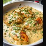 Four golden-brown chicken breasts smothered in a rich, creamy garlic pan sauce and topped with fresh parsley.