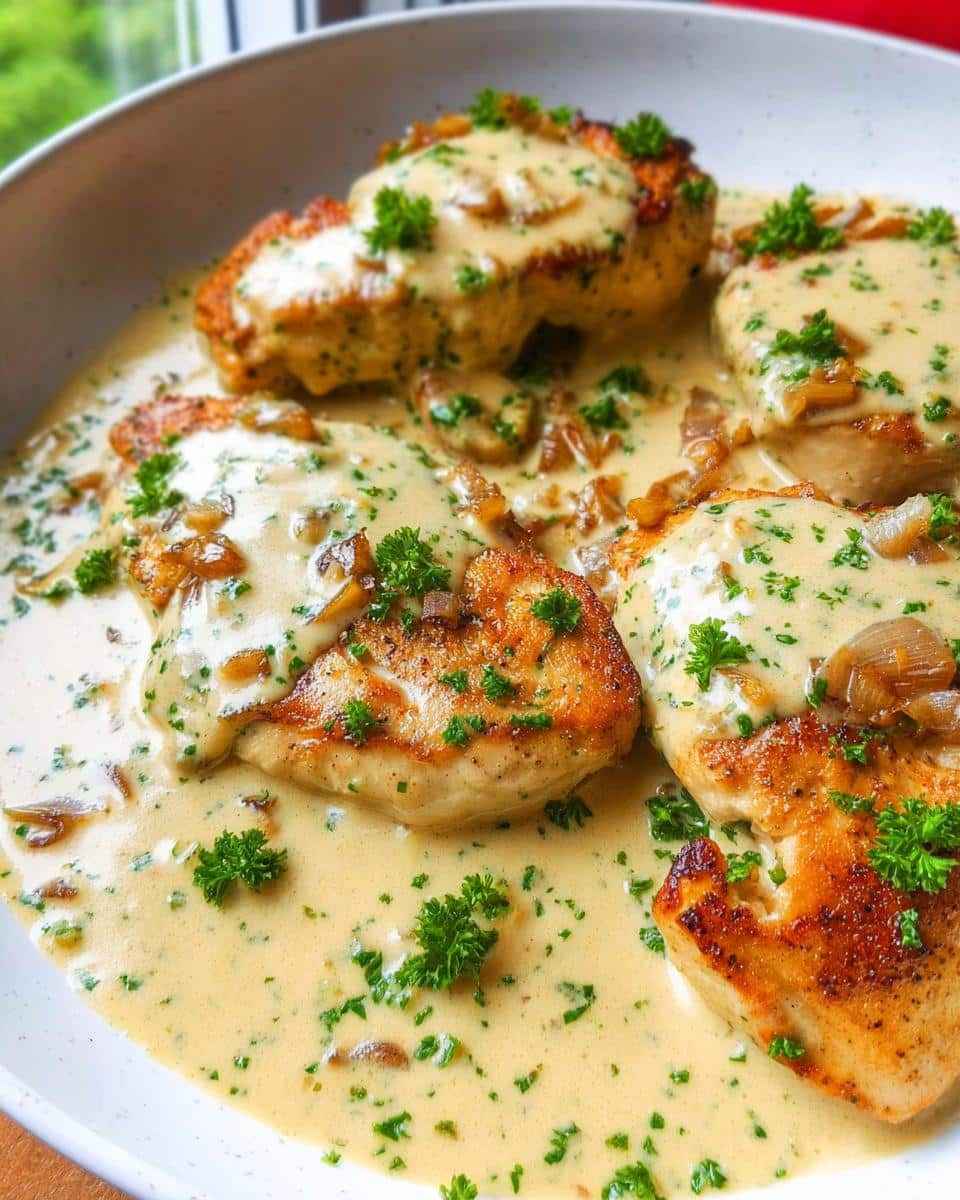 Four golden-brown chicken breasts smothered in a rich, creamy garlic pan sauce and garnished with fresh parsley.