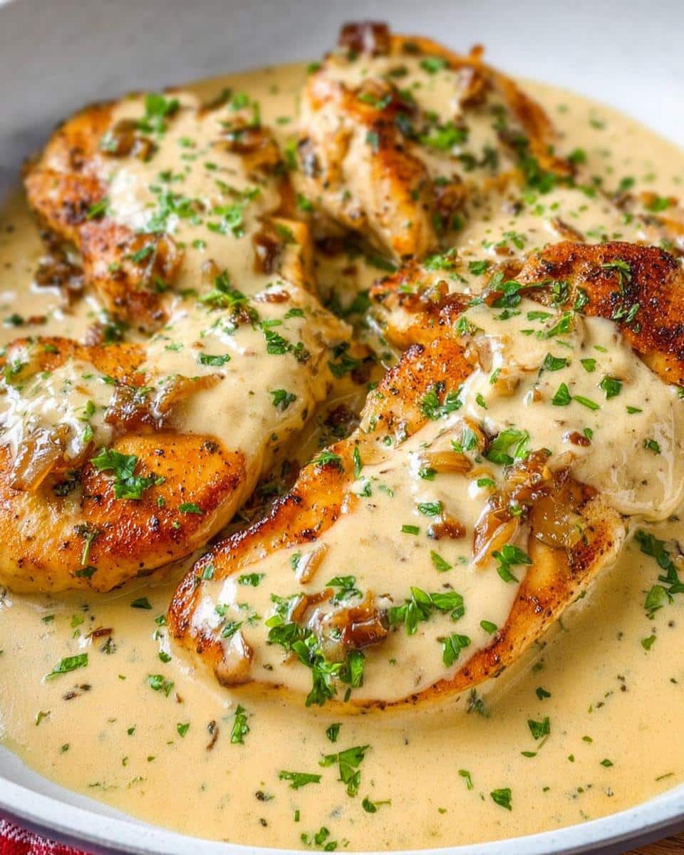 Four golden-brown chicken breasts smothered in a rich, creamy garlic pan sauce and topped with fresh parsley.